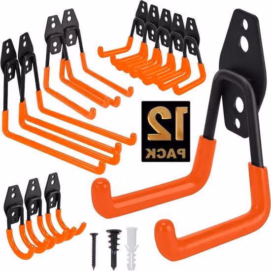 Set di ganci per attrezzi ad alta resistenza, 12 pezzi, per vari articoli da giardino e sportivi, lunghezza 4 metri, robusti ganci doppi per attrezzi da giardino, scale e attrezzature simili, colore arancione.