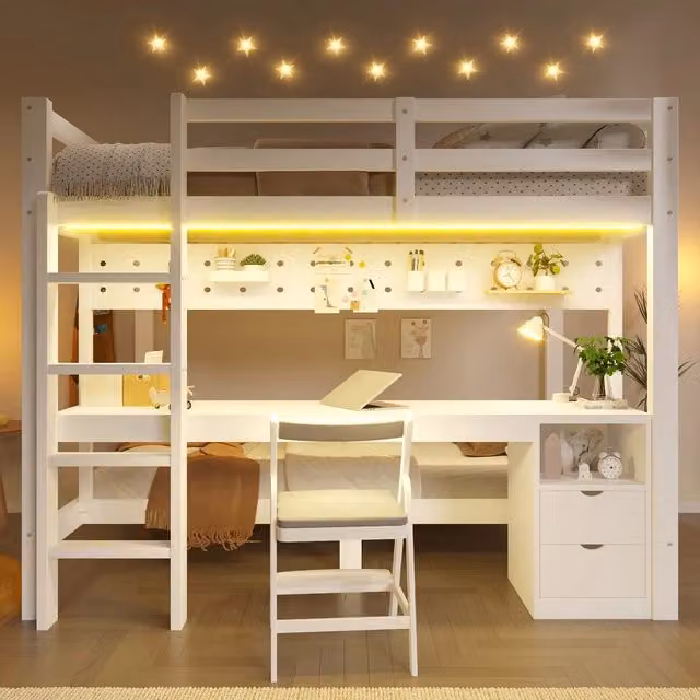 Letto a Soppalco con Cassetti, Scrivania e LED ¨C MINIMAL ¨C Pino, 90x200 / 140x200