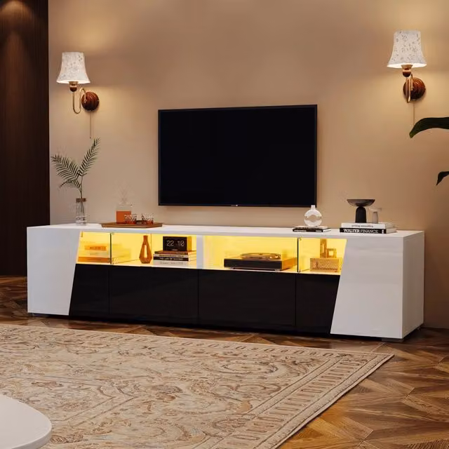 Mobile TV sospeso con LED 2 ante 2 cassetti 4 vani aperti finitura lucida bianco nero 180 × 38;5 × 45 cm
