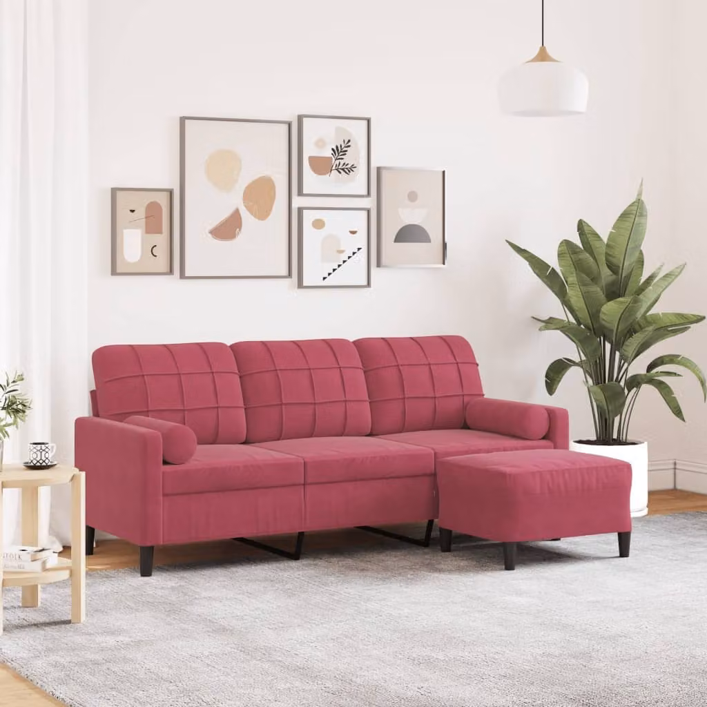 vidaXL Divano a 3 Posti in Velluto Rosso con Poggiapiedi Coordinato e Struttura in Metallo e Legno – 1