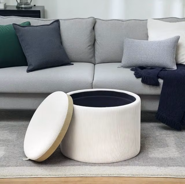 Pouf contenitore rotondo ULEVR ?56x42 cm con coperchio reversibile a vassoio, rivestimento effetto velluto a coste crema