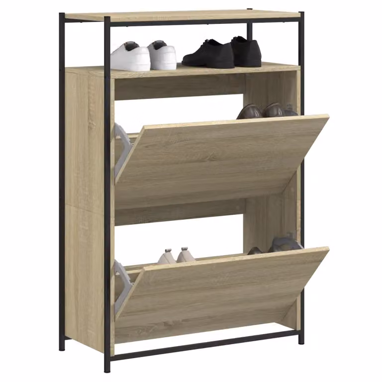 Mobile porta scarpe vidaXL in stile industriale con ante a ribalta in rovere e metallo, colore marrone, L: 112 cm, H: 75 cm, P: 34 cm
