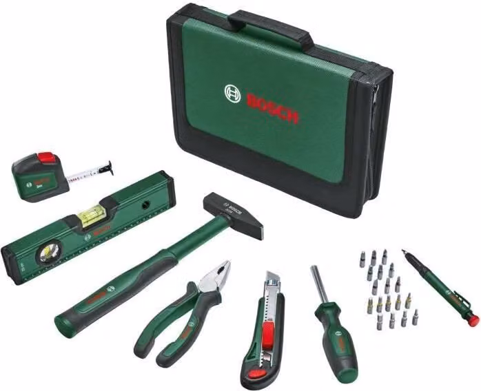 Set di utensili manuali universali Bosch, 25 pezzi, comprensivo di pinze, cacciaviti, taglierino, martello, in borsa di tela