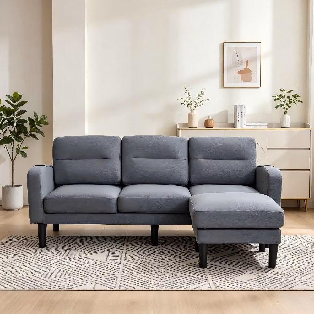 Divano ad angolo a forma di L, 3 posti, con chaise longue, colore grigio, rivestito in tessuto, dimensioni 204x136x80 cm