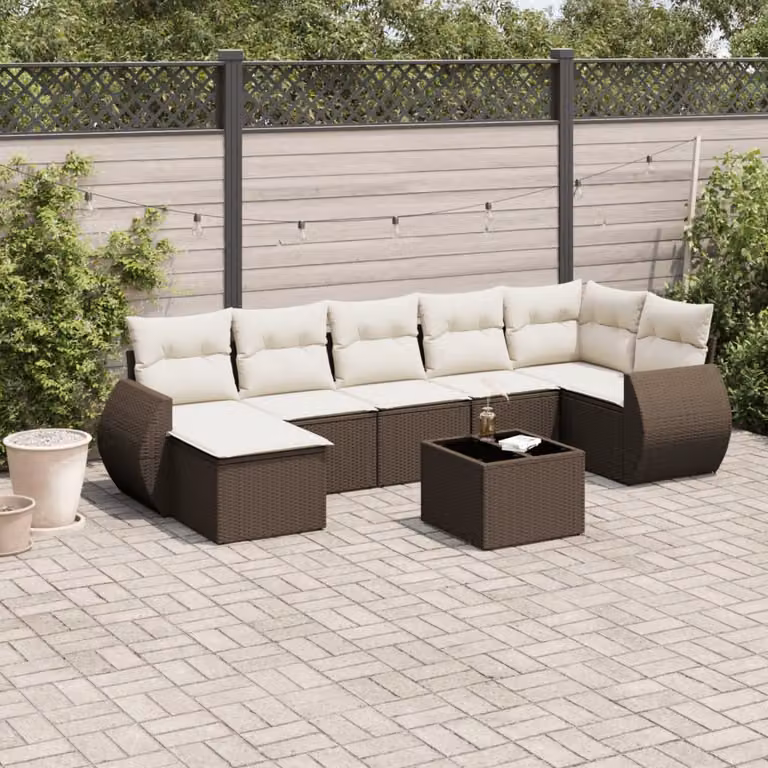 Set di Divani da Giardino vidaXL 8 pz a Forma a L con Cuscini Marrone e Bianco in Polyrattan e Acciaio
