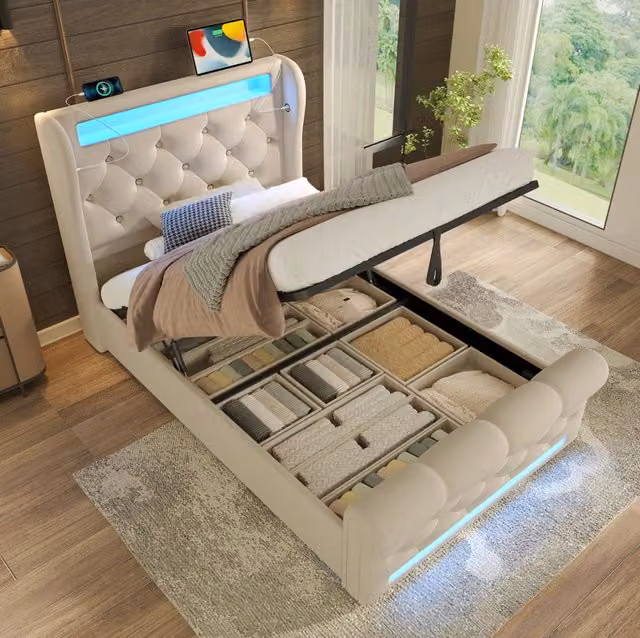 Letto Singolo Imbottito 90x200 cm con Contenitore Idraulico, LED Integrate, Porta USB e Type-C, Tessuto Velluto Beige con Materasso