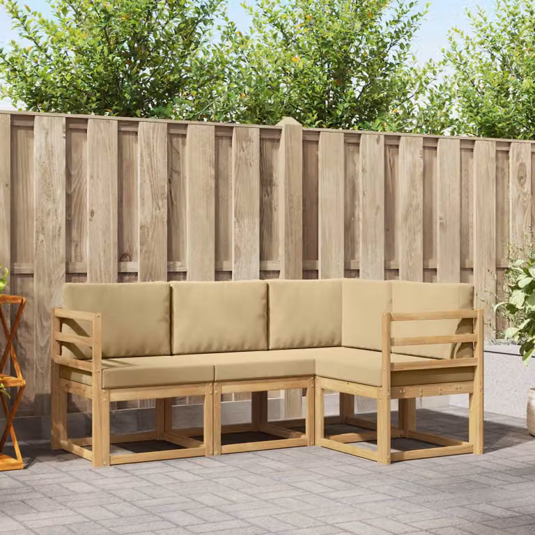 Set di divani da esterno vidaXL 4 pezzi in legno di acacia con cuscini, design moderno a forma di L, bianco e beige