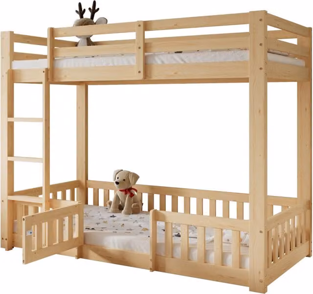 Letto a soppalco per bambini 90x200 cm in legno di pino naturale; scala a 3 gradini; sponde e cancelletto