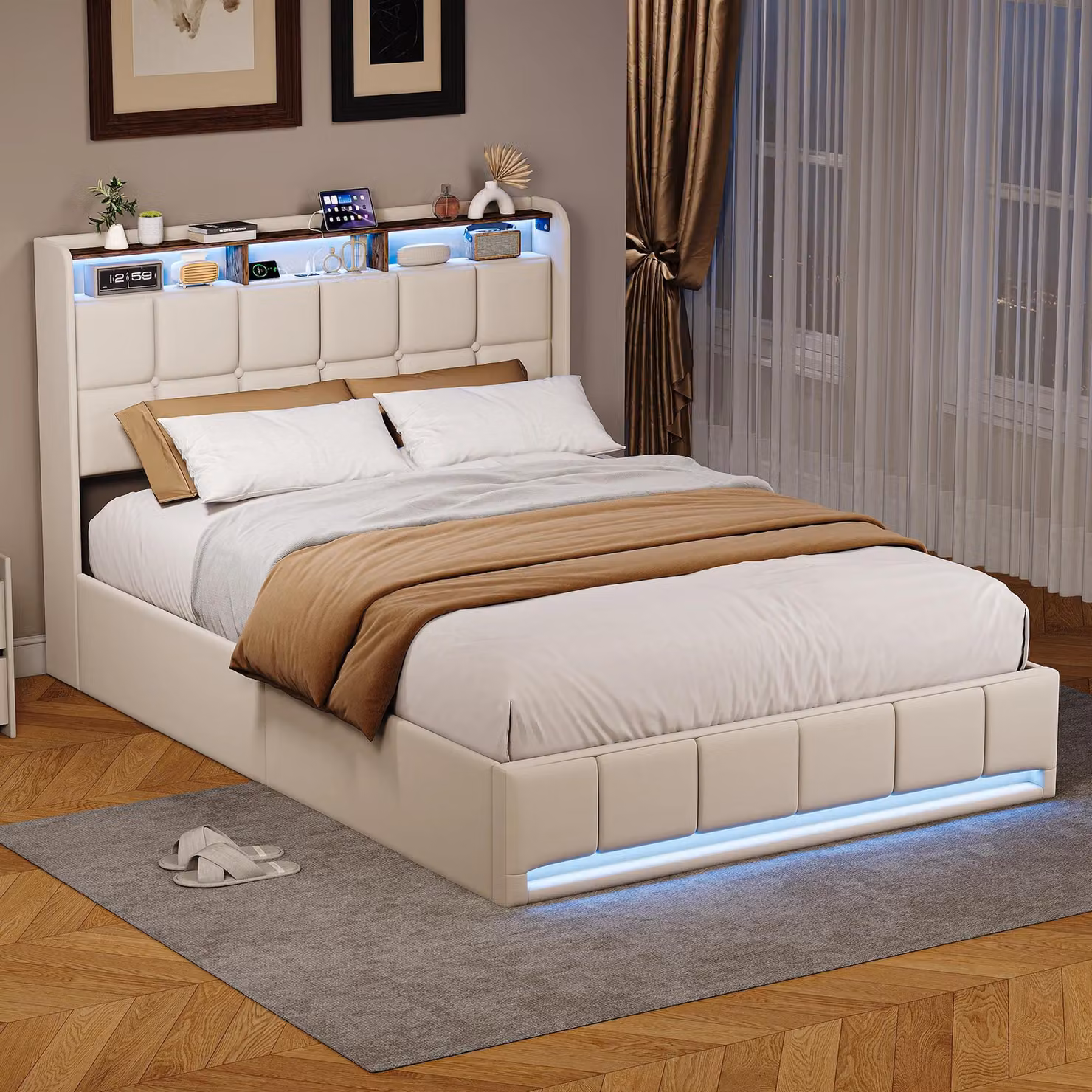 Letto matrimoniale imbottito - Grigio 160x200 cm - Legno e lino - Con spazio contenitore e illuminazione LED