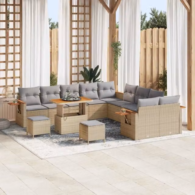 Set Divano da Giardino a Forma di U vidaXL in Polyrattan Beige con Cuscini e Tavolino – 1