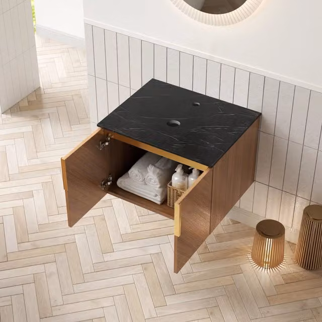 Mobile sottolavabo con piano in pietra sinterizzata e 2 ante in compensato finitura rovere marrone per bagno