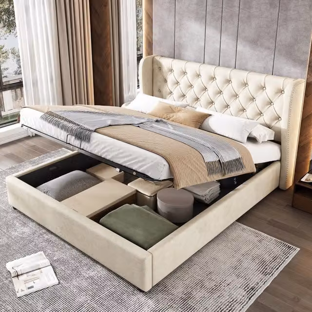 Letto contenitore Mivray in velluto beige con testiera stile Chesterfield e rete a doghe L/P: 140 x 200 cm