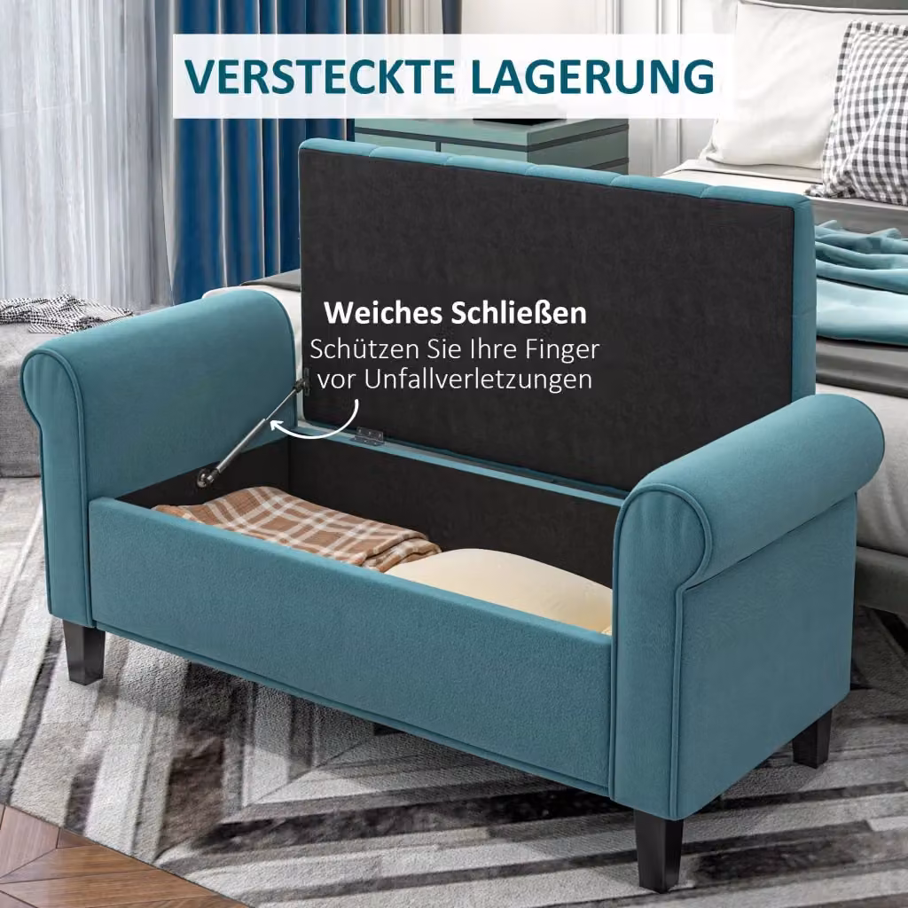 Panca contenitore imbottita REDOM in velluto verde, L: 120 cm, P: 48,5 cm, H: 57 cm – 2