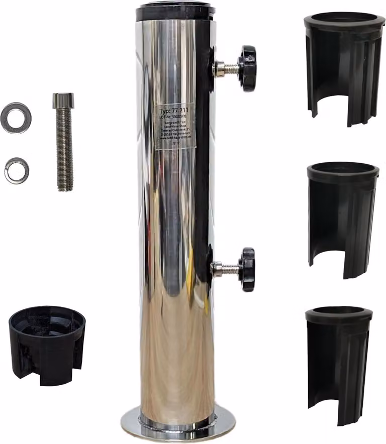 Tubo di sostegno in acciaio inox per supporti per ombrelloni come supporto sostitutivo per supporti in granito, cemento e ghisa - viti di bloccaggio, manicotti di riduzione, dischi a vite, inserto per supporti per ombrelloni