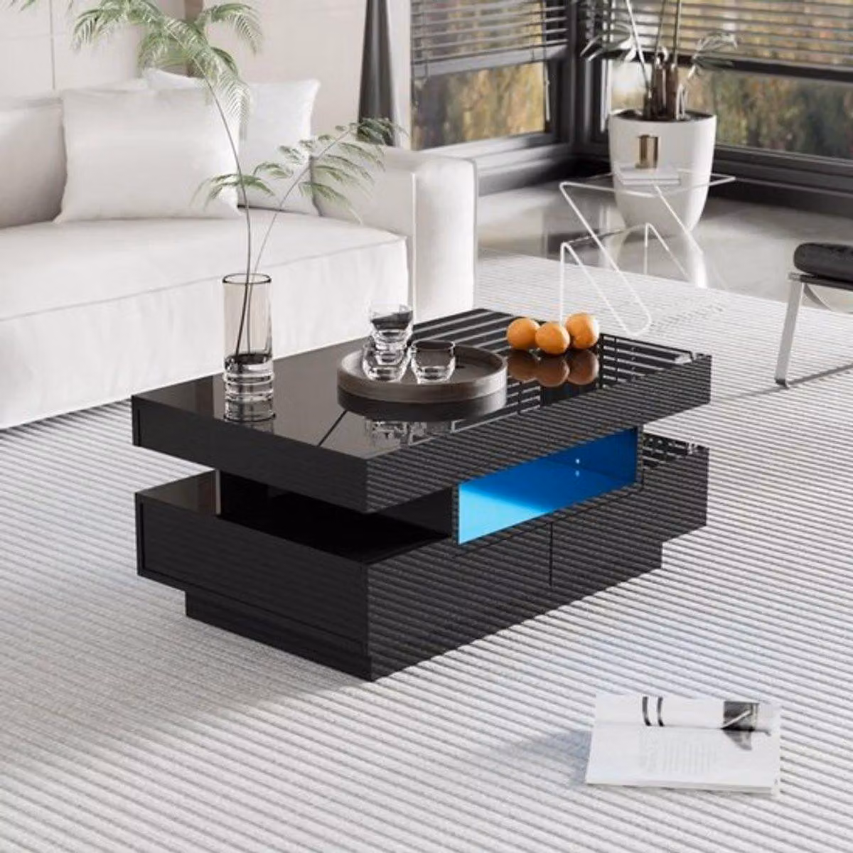 Tavolino – 93x59x18 cm – Bianco lucido – Con barra luminosa a LED – Ampio spazio contenitivo