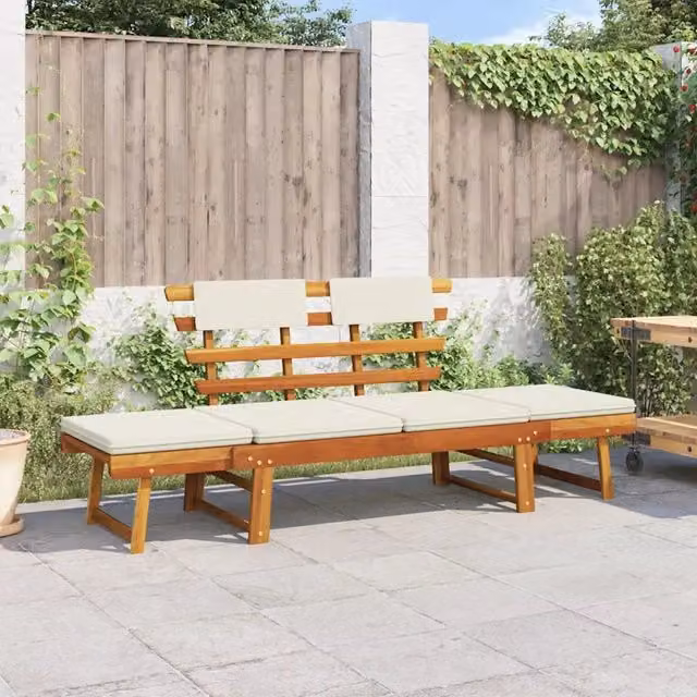 Panca da Giardino 2-in-1 vidaXL in Legno di Acacia con Cuscini Impermeabili e Poggiatesta Regolabile, Lunghezza: 190 cm