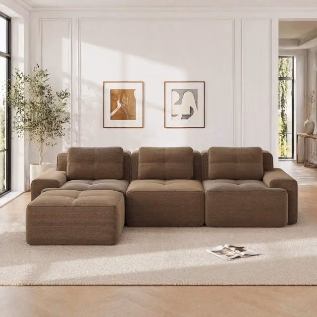 Divano modulare in velluto a coste marrone; 293 x 177 x 69 cm