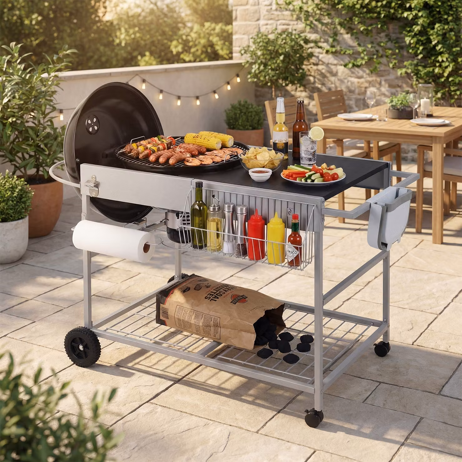 Carrello da cucina per barbecue Costway in acciaio nero con piano a rete e porta spezie per barbecue da 18-22 pollici