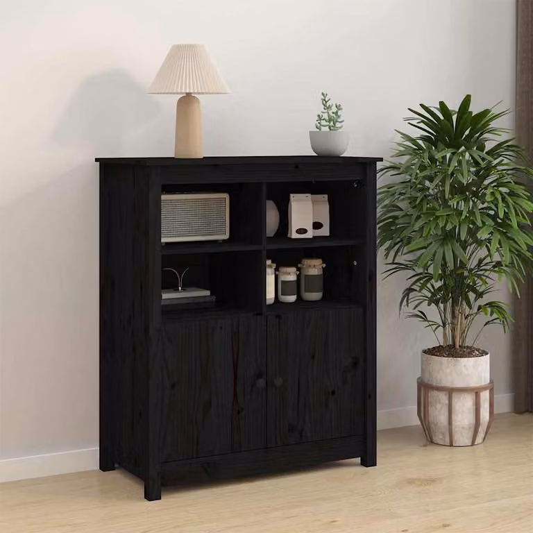 Credenza vidaXL in legno massello di pino e metallo, colore nero, L 83 cm x P 41,5 cm x H 100 cm