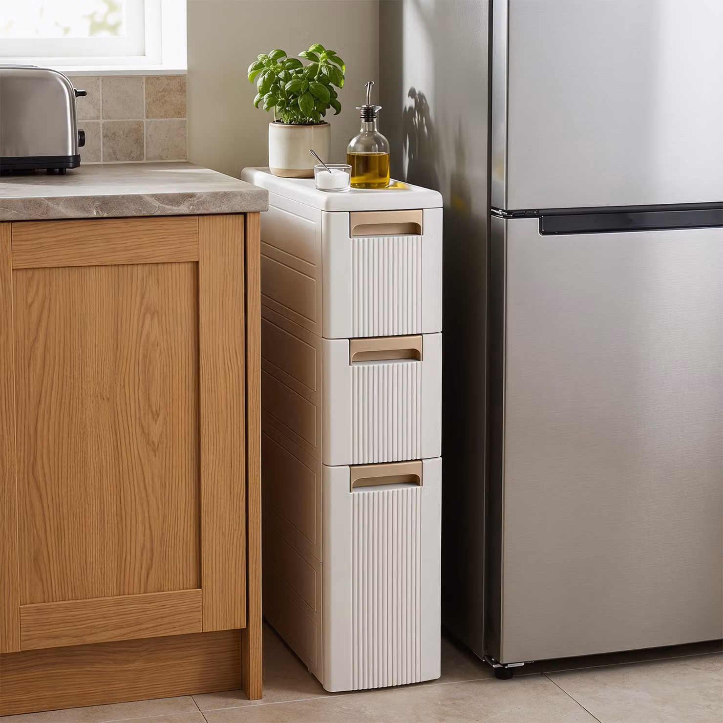 Carrello salvaspazio Costway con 3 cassetti in plastica, carrellino slim multiuso con ruote per bagno e ufficio, disponibile in bianco o beige