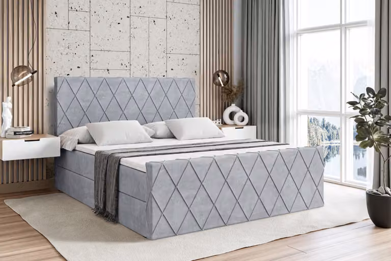 Letto boxspring ALTDECOR con pediera, materasso H3 e topper - 180x200 cm - LEPARO-Z - Grigio Monolith - Letto imbottito con contenitore e rete a doghe, letto con spazio contenitivo