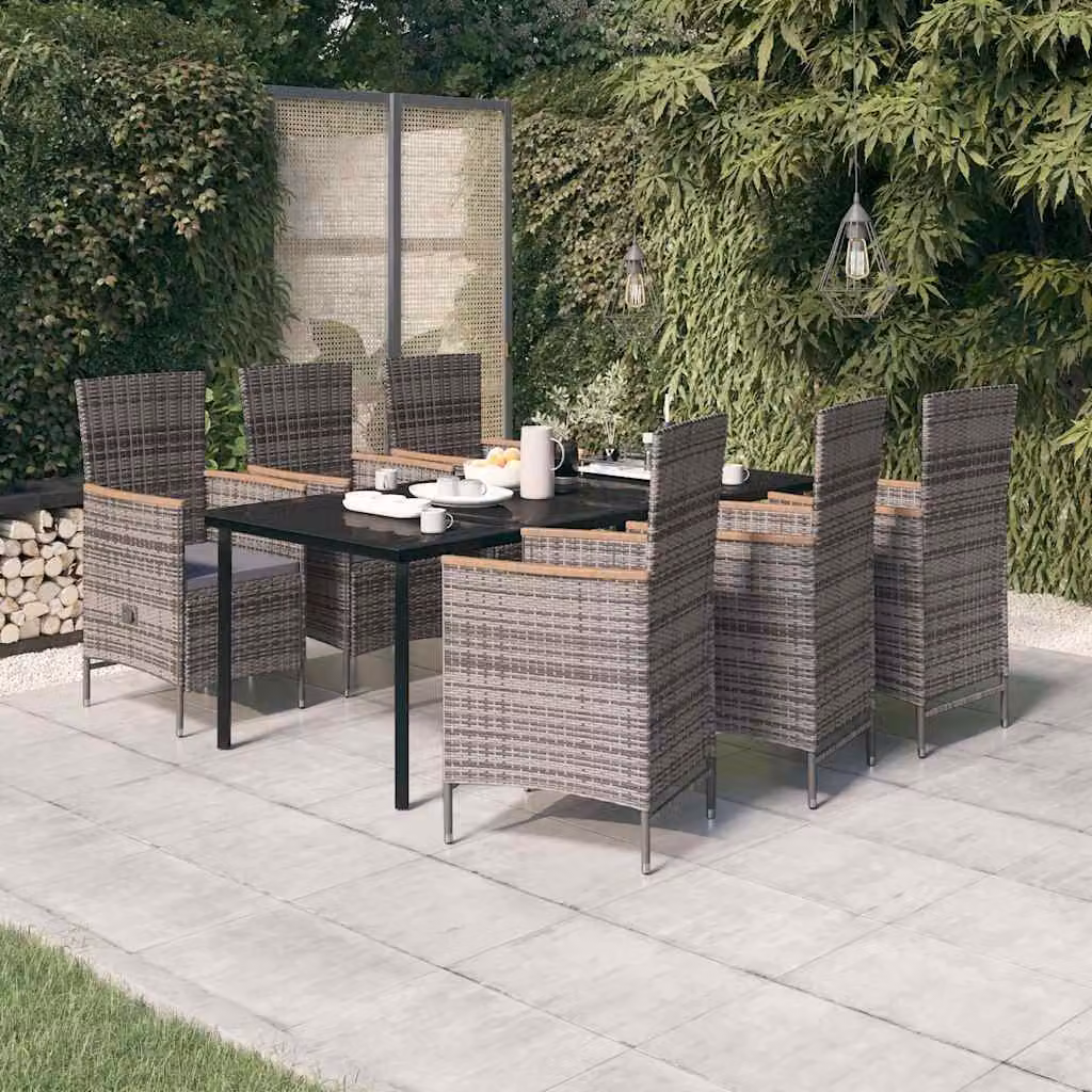 Set da pranzo da giardino vidaXL in polyrattan con cuscini e tavolo in vetro, 7 pezzi, Grigio e Nero