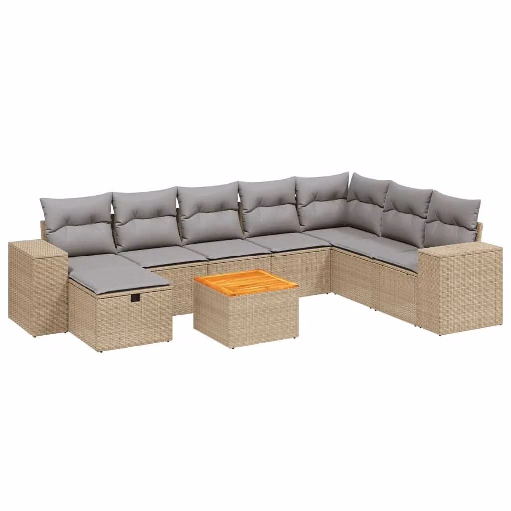 Set Divano da Giardino 9 pz con Cuscini Beige Misto Polyrattan