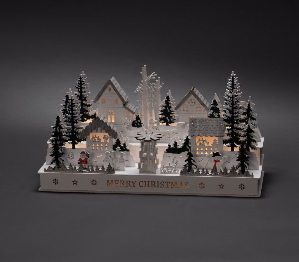 Konstsmide sagoma in legno a LED "Village", timer 6H, 12 diodi bianco caldo, trasformatore interno 3V/batteria, cavo trasparente, batteria: 2 x AA 1,5V (escl.) - 3265-210