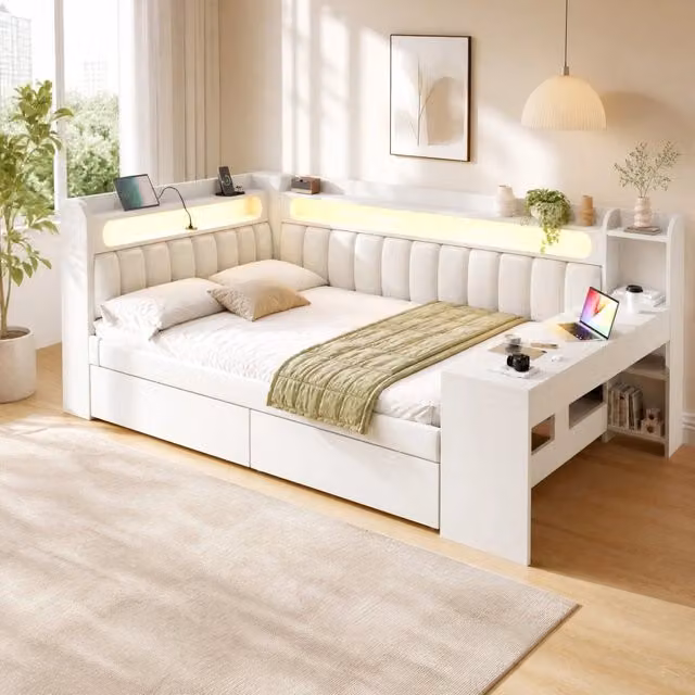 Letto da giorno imbottito 140x200 cm con scrivania; LED; USB e 2 cassetti; bianco