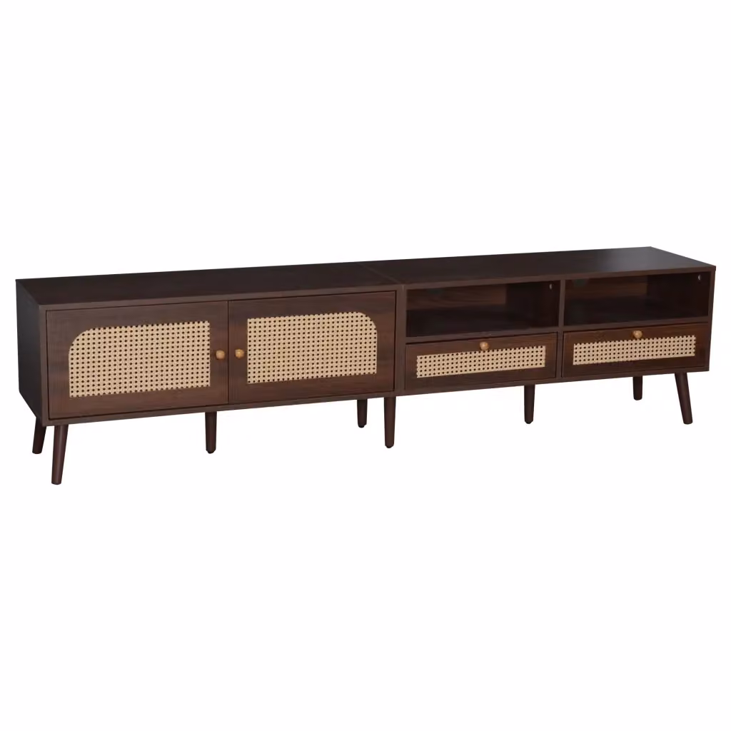 Mobile TV Minimal marrone con 2 ante in rattan e 2 cassetti, adatto per televisori fino a 80 pollici, L: 200 cm, P: 37 cm, H: 49.5 cm – 2