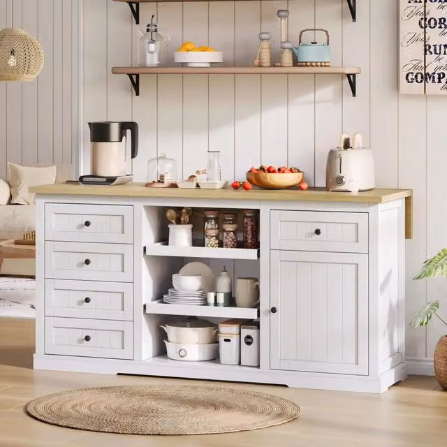 Credenza bianca con 5 cassetti, 2 ripiani estraibili e piano allungabile pieghevole, 150×65×75,5 cm per cucina, sala da pranzo e soggiorno
