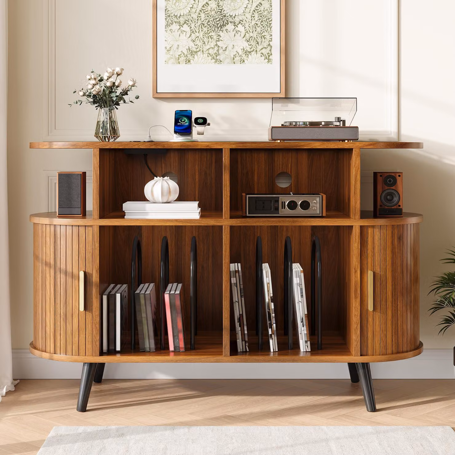 Mobile Hi-Fi con ante scorrevoli, mobile porta dischi con supporti per dischi, cassettiera con base di ricarica e passacavo, in MDF, finitura noce