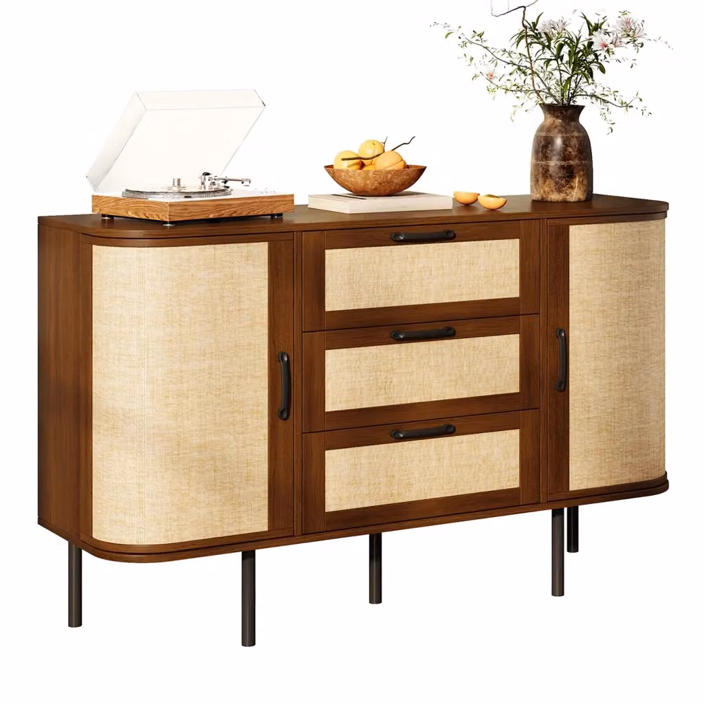 Madia con 2 ante e 3 cassetti con frontali intrecciati per soggiorno e ingresso, colore marrone, L/P/H: 120 x 40 x 82 cm – 2