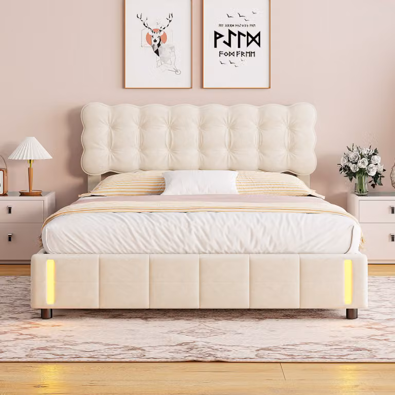 letto box 140 x 200, letto matrimoniale imbottito con leva idraulica, luci LED alla fine del letto, velluto, Beige