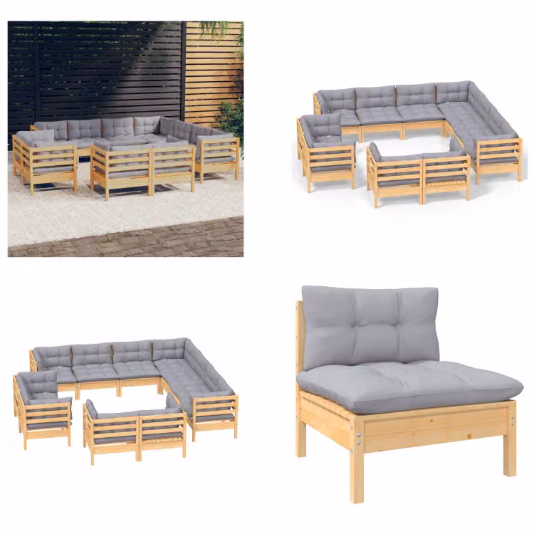 vidaXL set salotto da giardino 11 pezzi con cuscini grigi in pino massiccio - Set salotto da giardino - Set salotto da giardino - Set mobili da giardino - Set mobili da giardino