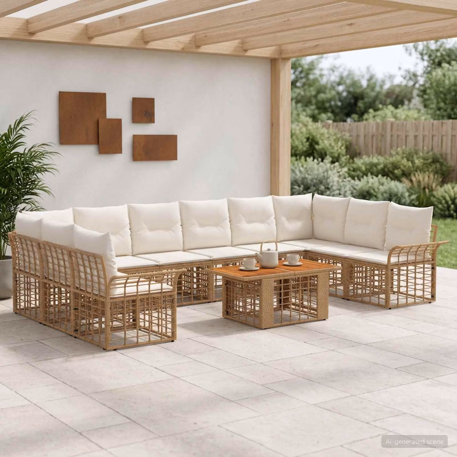 Set Divano da Giardino vidaXL 11 pz in Polyrattan con Cuscini, Colore Naturale e Bianco Crema