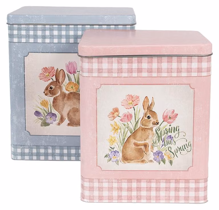 Clayre & Eef Scatola di latta 21x15x25 / 18x13x22 cm Blu Rosa Metallo Coniglio