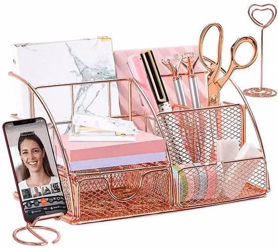 Organizer da scrivania, oro rosa, con supporto per telefono, portapenne a sfera, organizer per cosmetici e portamatite, accessori in metallo per la scuola e l'ufficio domestico