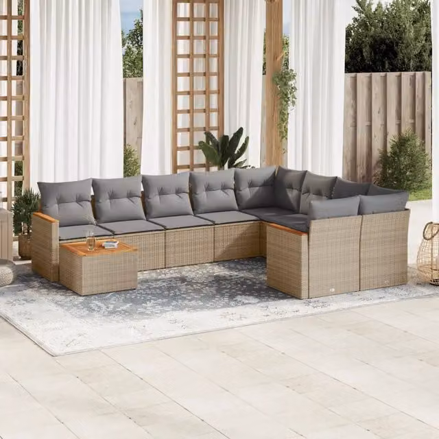 Set Divano da Giardino Moderno VIDAXL in Polyrattan con Cuscini Beige, 10 Pezzi, Forma a L – 1