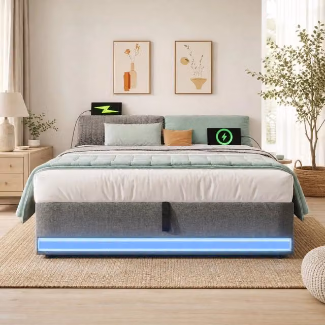 Letto imbottito Mivray con contenitore idraulico, illuminazione LED, porte USB e Type-C e tasche laterali, lino grigio, L: 200 cm, P: 140 cm, H: 32 cm