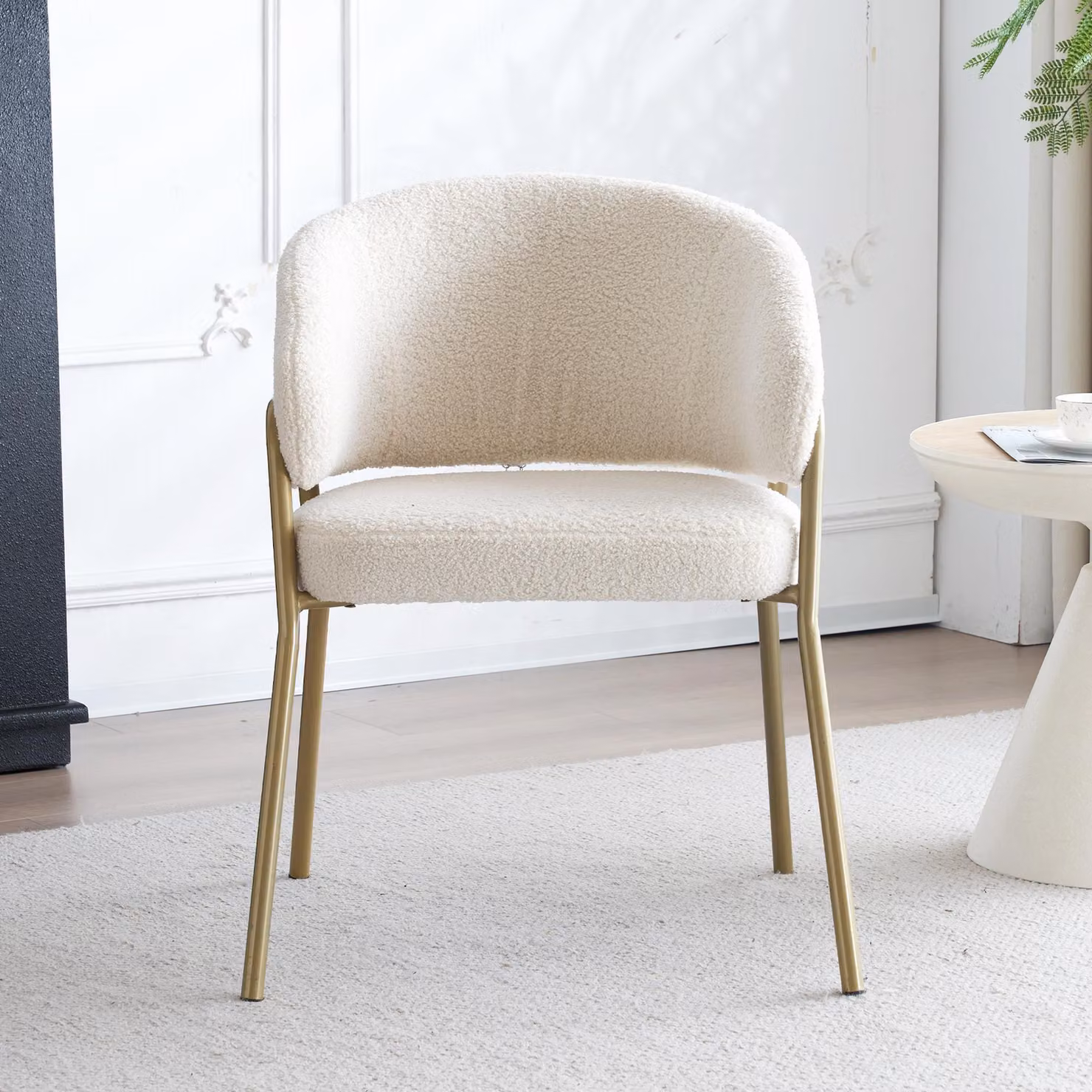 Sedia da pranzo bianca, moderna, in velluto di agnello con finitura dorata (1 pz), sedia da pranzo con gambe dorate, colore bianco