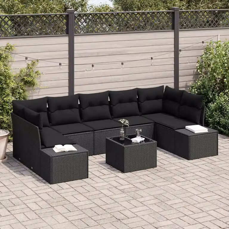 vidaXL Set Divano da Giardino a L con Cuscini e Tavolino Nero in Polyrattan e Acciaio