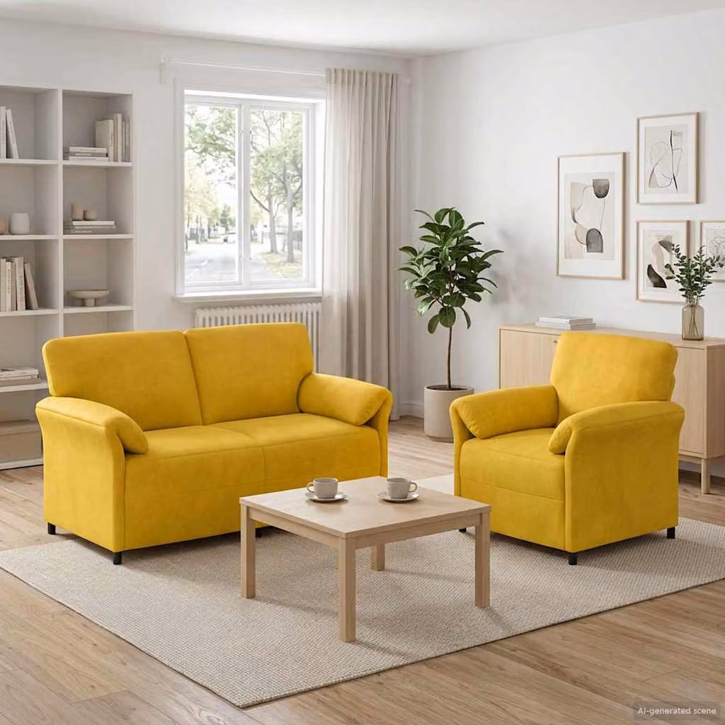 Set di 2 divani moderni vidaXL in velluto giallo con struttura in metallo e cuscini inclusi