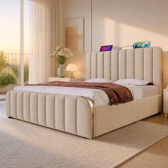 Letto matrimoniale 160x200 cm in lino beige con contenitore idraulico e ricarica USB-C