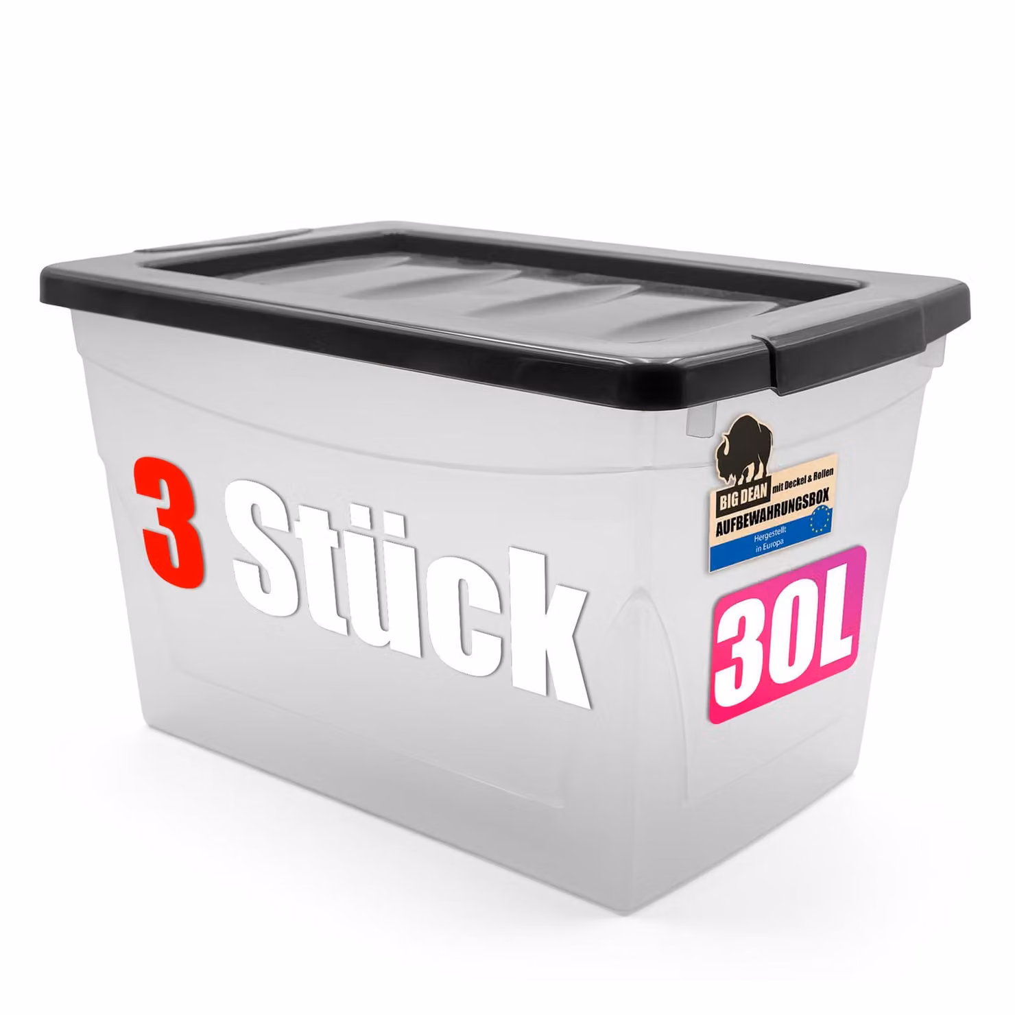 BigDean 3x 30 L scatola di stoccaggio con coperchio Budget Line scatola di plastica con coperchio Scatole di stoccaggio