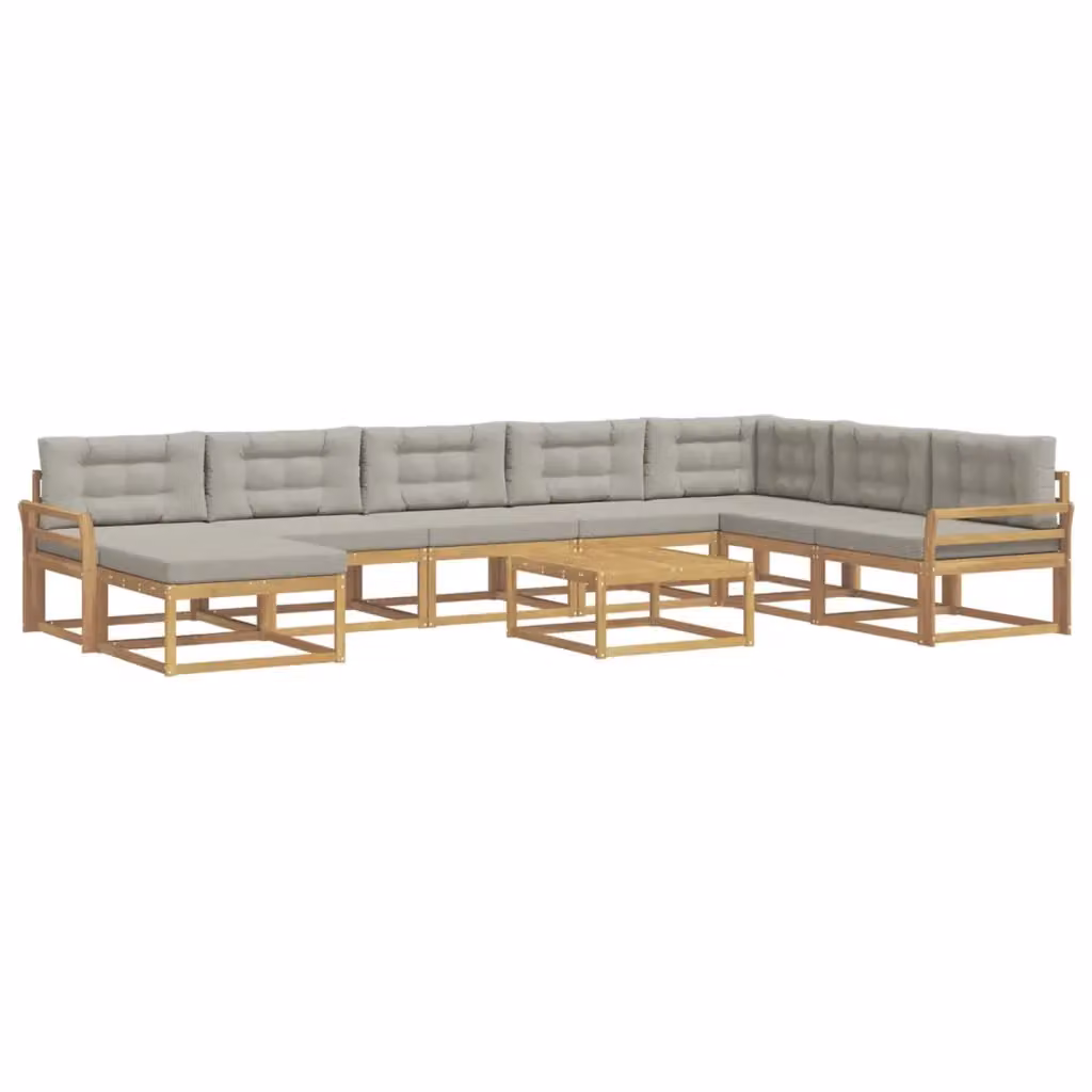 Set di divani da esterno a forma di U vidaXL in legno di acacia con tavolino e pouf, Bianco e Grigio – 2