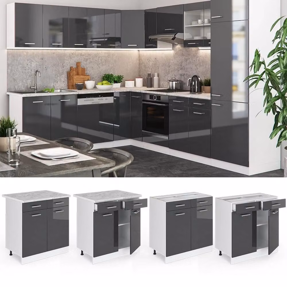 Mobiletto base per cucina Vicco R-Line Antracite e Bianco lucido con ante e cassetti L: 80 cm – 2