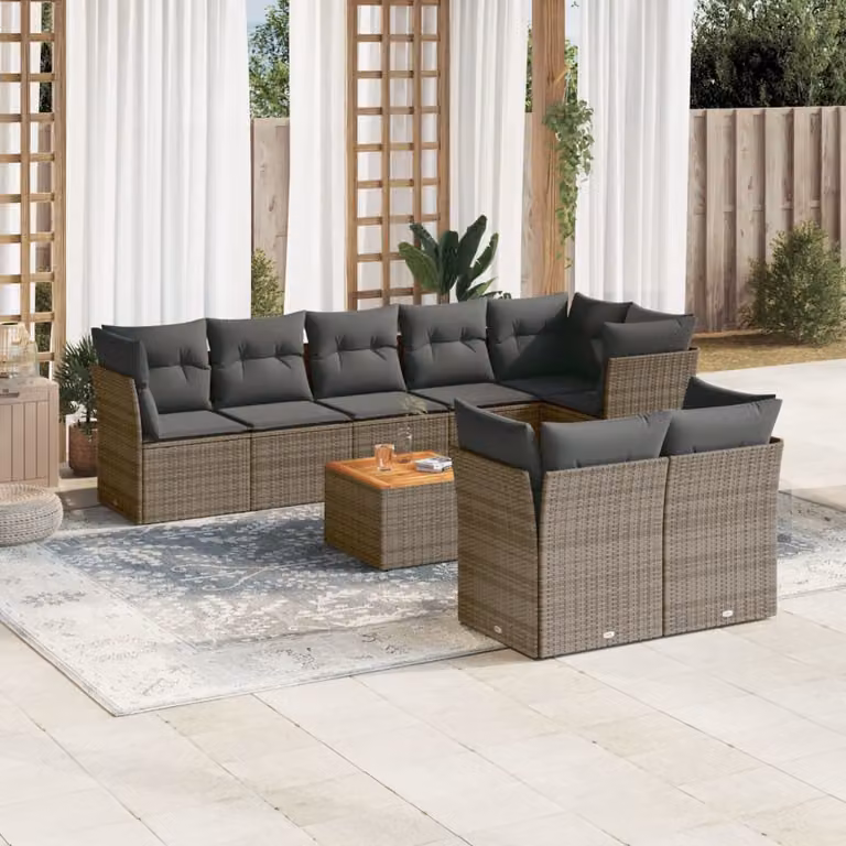 vidaXL Set Divano da Giardino 9 pz in Polyrattan Grigio con Cuscini e Tavolino da Esterno