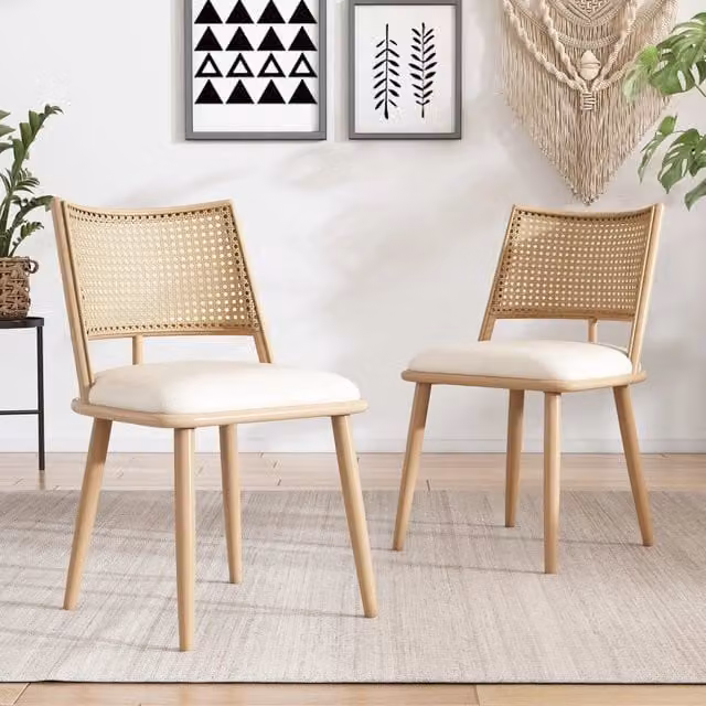 Set di 2 sedie da sala da pranzo OKWISH con seduta in ecopelle e schienale in rattan traspirante, struttura in metallo, colore beige