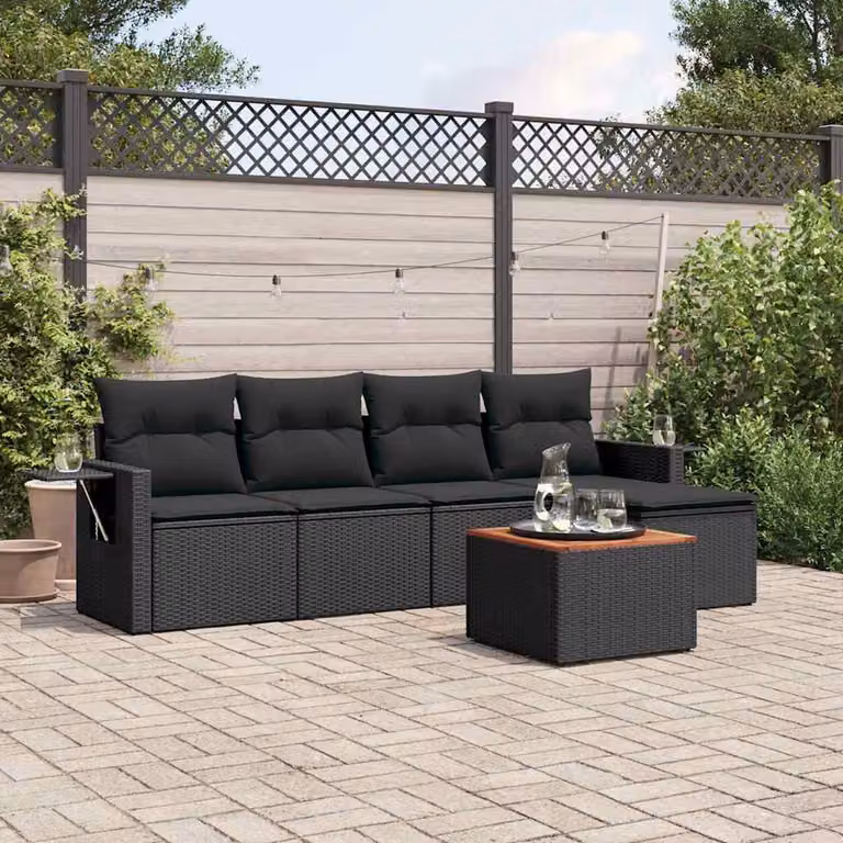 Set Divano da Giardino vidaXL 6 pz in Polyrattan Nero con Cuscini e Tavolino